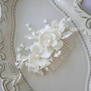Wedding hairpiece with ceramic flowers and freshwater pearls